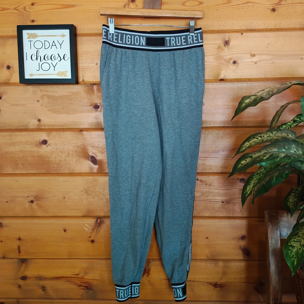 True Religion Taping Joggers Gray Spellout Logo Sweat Pants Stretch Sz S/28 x29"